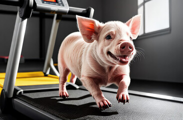 Happy piglet on a treadmill. Sports concept.