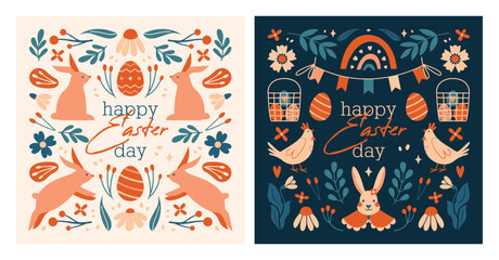 Fototapeta na wymiar Set of square Easter cards, banners, invitation templates. Happy Easter Day. Vector illustrations with easter bunny, rabbit, egg, hen, flower, plant, berries, bunting flags, rainbow, lettering, text.