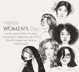 Vector illustration for International Women's Day. Girls of different nationalities in engraving style - obrazy, fototapety, plakaty