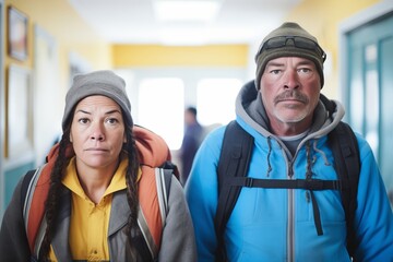 man and woman with backpacks in a homeless shelter