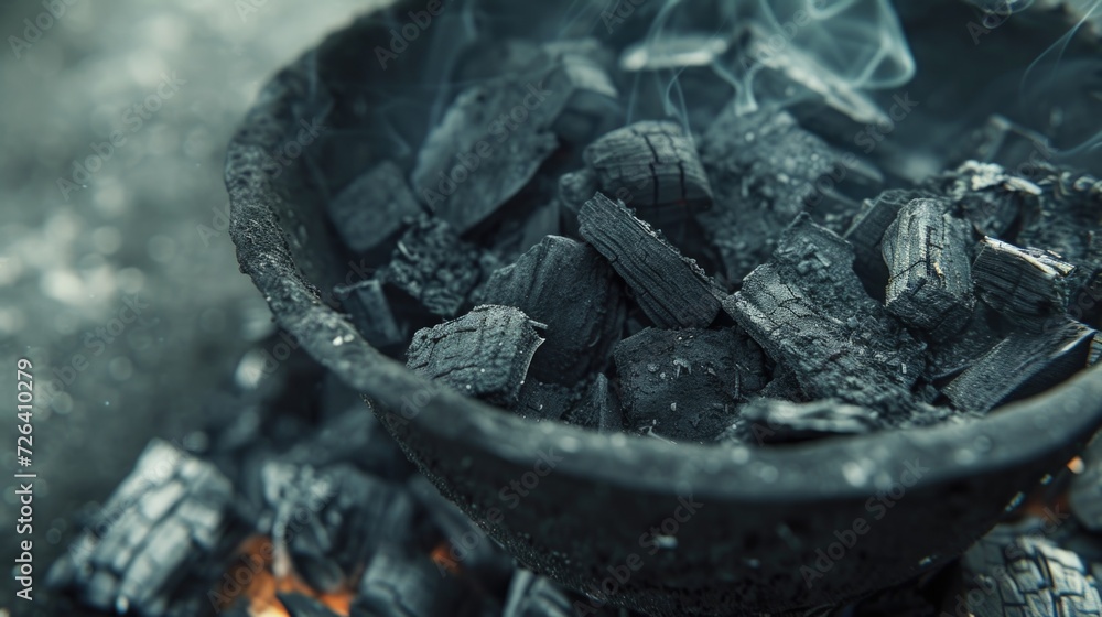 Poster a black bowl filled with charcoal placed beside a crackling fire. perfect for adding warmth and a co