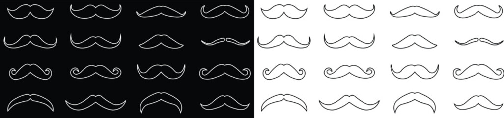 Hipster mustache icon set. Different line vector collection isolated on transparent background. Black silhouette of adult man Italian moustache. Symbol of Fathers day.old facial hair styles.