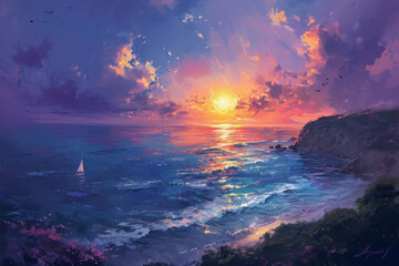 The scene of sunset over the sea.