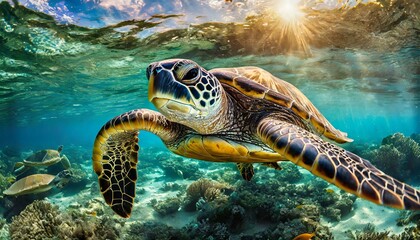 Obraz premium Tartaruga ambientalista recolhendo lixo no mar