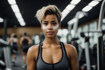 Fototapeta premium Young woman with vitiligo and short hairs in sportswear on gym backdround. The concept of maintaining a healthy lifestyle, reducing the risk of cardiovascular diseases, fitness clubs. AI