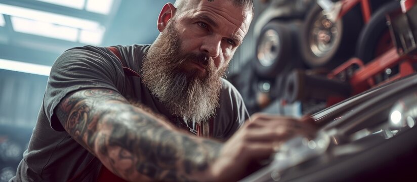 In a workshop, a mechanic with tattoos and a beard balances a car wheel.