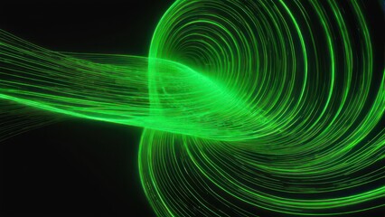 3d render, abstract wallpaper. Digital data transfer. Green glowing lines over black background. Streaming energy. Particles moving and leaving tracks. Scientific waves and vortex. generative, ai.