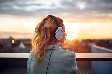 woman with headphones watching sunset from rooftop terrace
