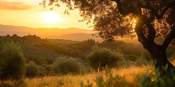 Serene sunset over rolling hills through an olive tree. a landscape photograph capturing the warmth of the countryside. nature's beauty in twilight. AI