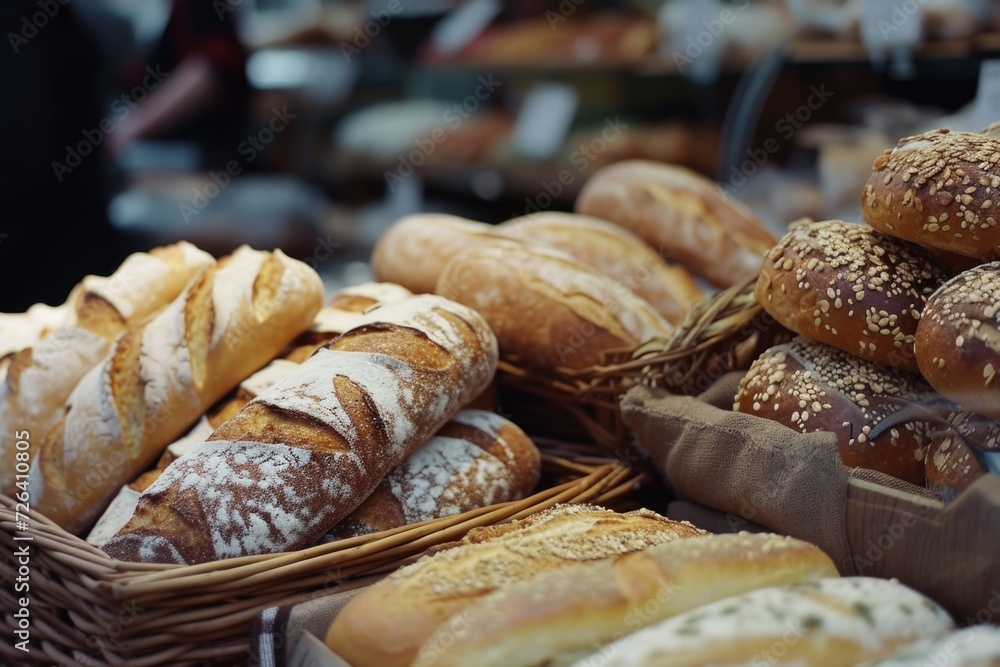 Poster various types of breads displayed on a table. perfect for food-related projects or bakery advertisem