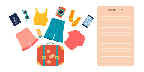 Packing List template. Suitcase and lots of clothes. Packing List and suitcase with Women's clothing. Suitcase Packing. Going to trip. Suitcase for travel, voyage, vacation. Flat vector illustration