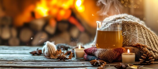 Tea and woolen items by a warm fireplace, in a rural home during winter or autumn vacations.