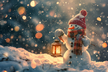 Cute snowman standing up with lantern in the snow.