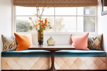 luxurious suede banquette with cushions next to a window
