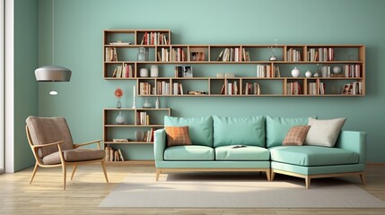 Scandinavian living room with sofa, chair, and bookshelf against limitless color walls.