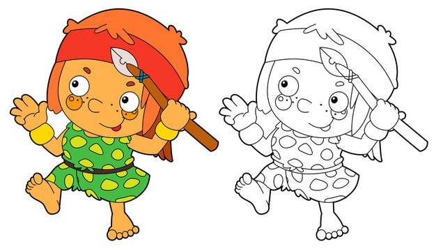 cartoon scene with caveman stonage man isolated with coloring page illustration for children
