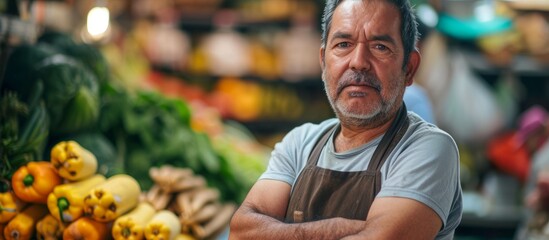 Serious Latin man in a greengrocer's shop, middle-aged, crossed arms, looking at camera.