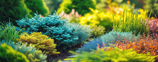 Beautiful coniferous garden with blue spruces, fir trees, thujas and junipers.