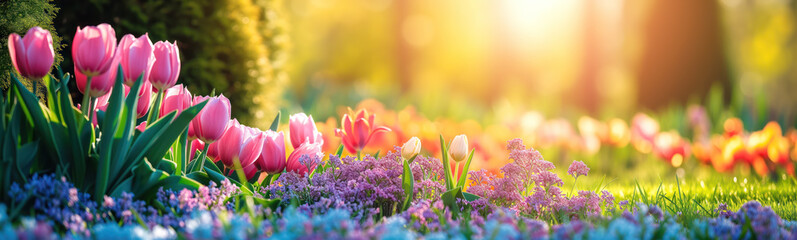 Close-up panoramic view of the beautiful blooming tulips in coniferous garden in spring.
