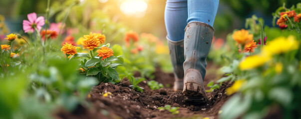 Woman in rubber boots walking in her garden between planting seedlings of young flowers. Gardening concept. - obrazy, fototapety, plakaty