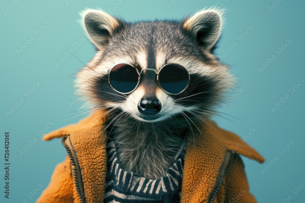 Poster a raccoon wearing sunglasses and a jacket. perfect for adding a touch of style and humor to your des
