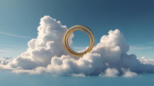 3d render, Gold rings above fluffy cloud levitating. Blank round frame. Isolated object, fashion background, modern design, abstract metaphor. Minimalist wallpaper. generative, ai.