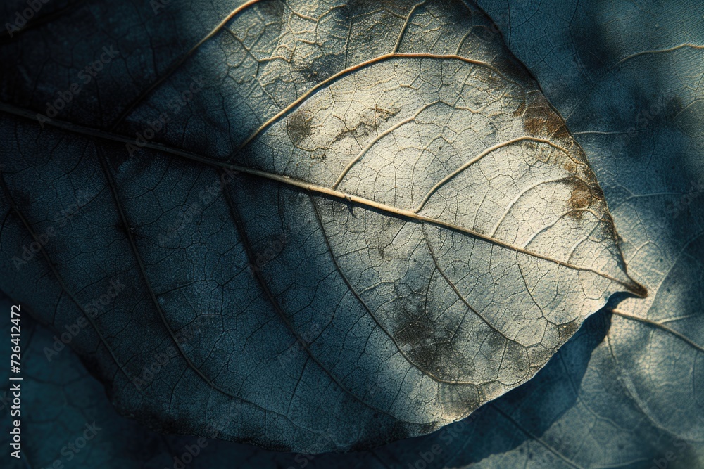 Poster A detailed view of a single leaf resting on a table. This image can be used for various purposes