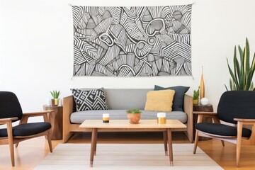 graphic printed tapestry in a monochrome color scheme