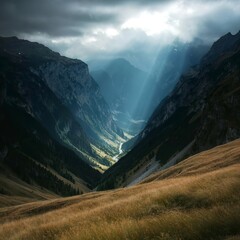 Magical hollow in the middle of the mountains in the shadow of the light