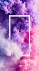 Abstract cloud of silky ink splash, like smoke. White frame, copy space. Pastel purple and pink colors. Generative AI