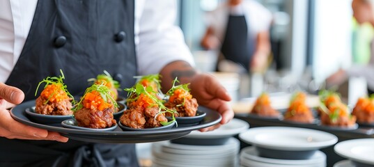 Waiter serving festive meat dish at wedding reception or party with space for text placement