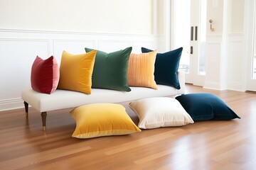 a scatter of plush velvet throw pillows on a hardwood floor