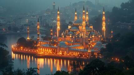 Fototapeta premium Illuminated Facade of a Large Mosque