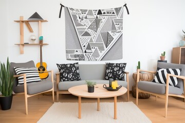 graphic printed tapestry in a monochrome color scheme