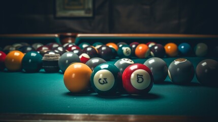 A skilled pool player lines up their cue stick, ready to sink the blackball in a game of billiards, surrounded by the familiar sights and sounds of the recreation room