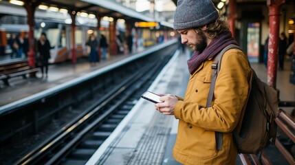 Young man standing on train station platform using mobile phone for communication and information
