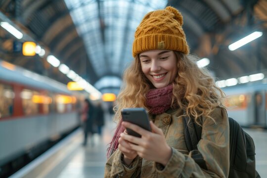 At the train station, a happy woman is texting on her phone. Generative Ai.