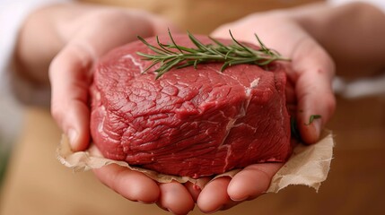 Butcher s hands holding a large, marbled raw beef steak for sale in a local meat market