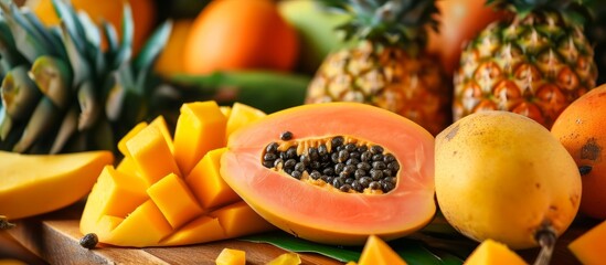 Tropical fruits like papaya, mango, and pineapple in a square photo.