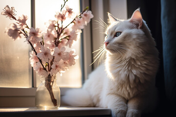 White cat and flowers on windowsill. White Day.
