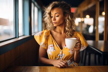 woman at a cafe, sipping coffee in heart dress