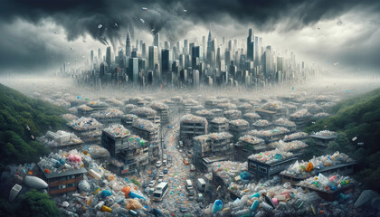 A city landscape completely engulfed in plastic waste depicting a catastrophic environmental pollution scenario. - obrazy, fototapety, plakaty