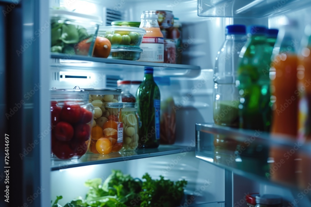 Poster a refrigerator filled with a wide range of food items. perfect for showcasing the abundance of optio