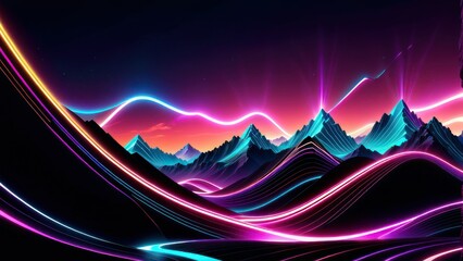 3d rendering. Aesthetic minimalist wallpaper. Surreal landscape rocky mountains and neon dynamic lines in motion. Flowing energy concept. Glowing trajectory path. generative, ai. - obrazy, fototapety, plakaty