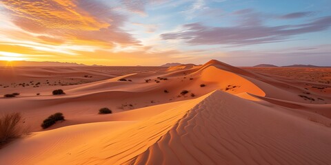 Fototapeta na wymiar Breathtaking desert sunset with golden sand dunes and a vibrant sky. ideal for backgrounds and nature themes. serene and majestic. AI