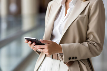 Modern Businesswoman using Smartphone for Communication in a Corporate Office with a Happy and Professional Background.