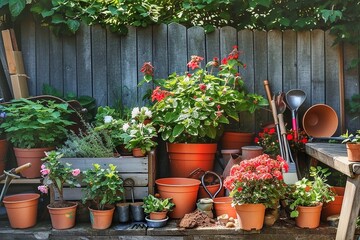 Gardening tools and flowers in terracotta pots on a wooden background