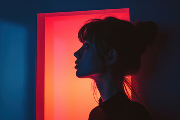Neon Beauty: A Young Woman with a Sensual Stylish Look, Posing in a Noir Fashion Studio with Bright Blue and Red Lights, Casting Shadows on her Gorgeous Face