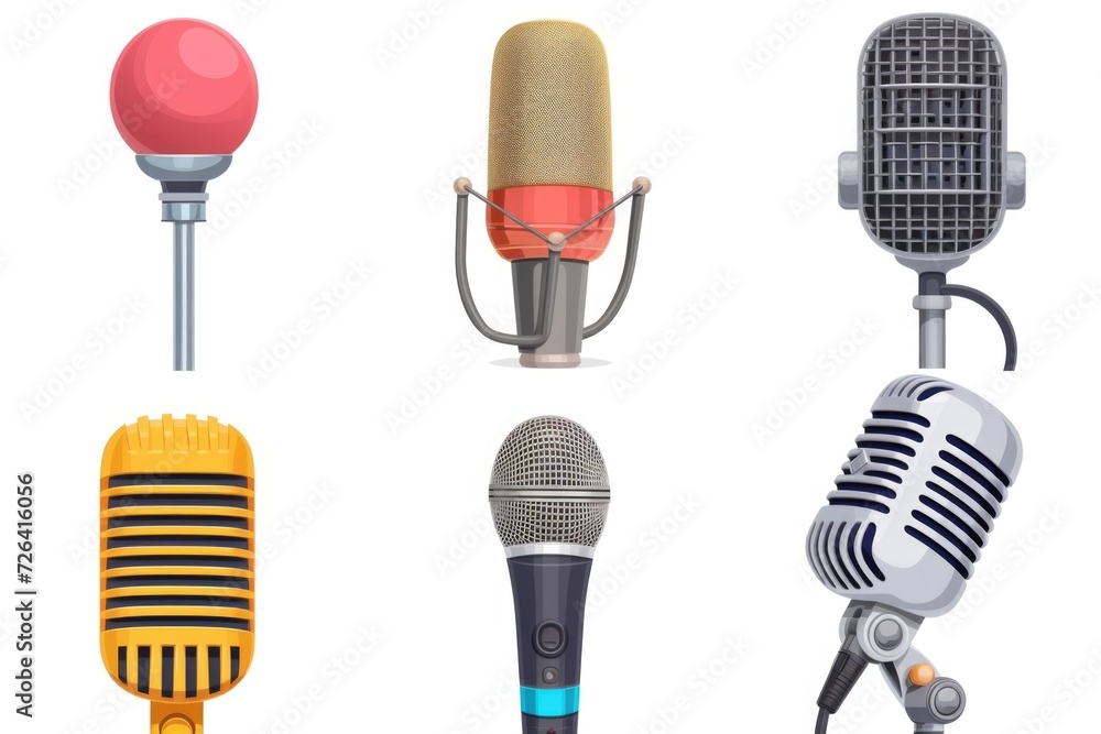 Poster A collection of various microphones placed on a clean white surface. This image can be used for illustrating audio recording equipment or in articles about music production