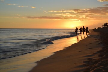 hotel guests walking on beach at sunrise
